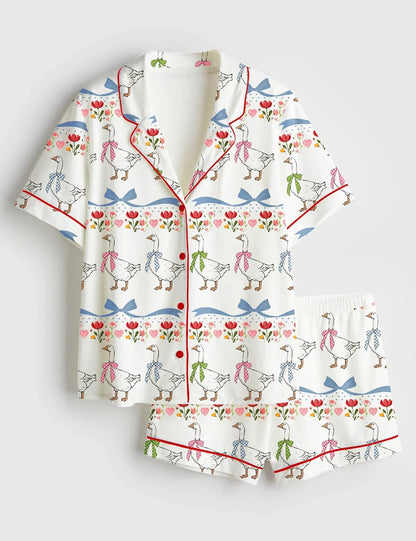 Women’s Vintage Goose Blue Ribon Trendy Cute Goose Print Short Sleeve Satin Pajama Set