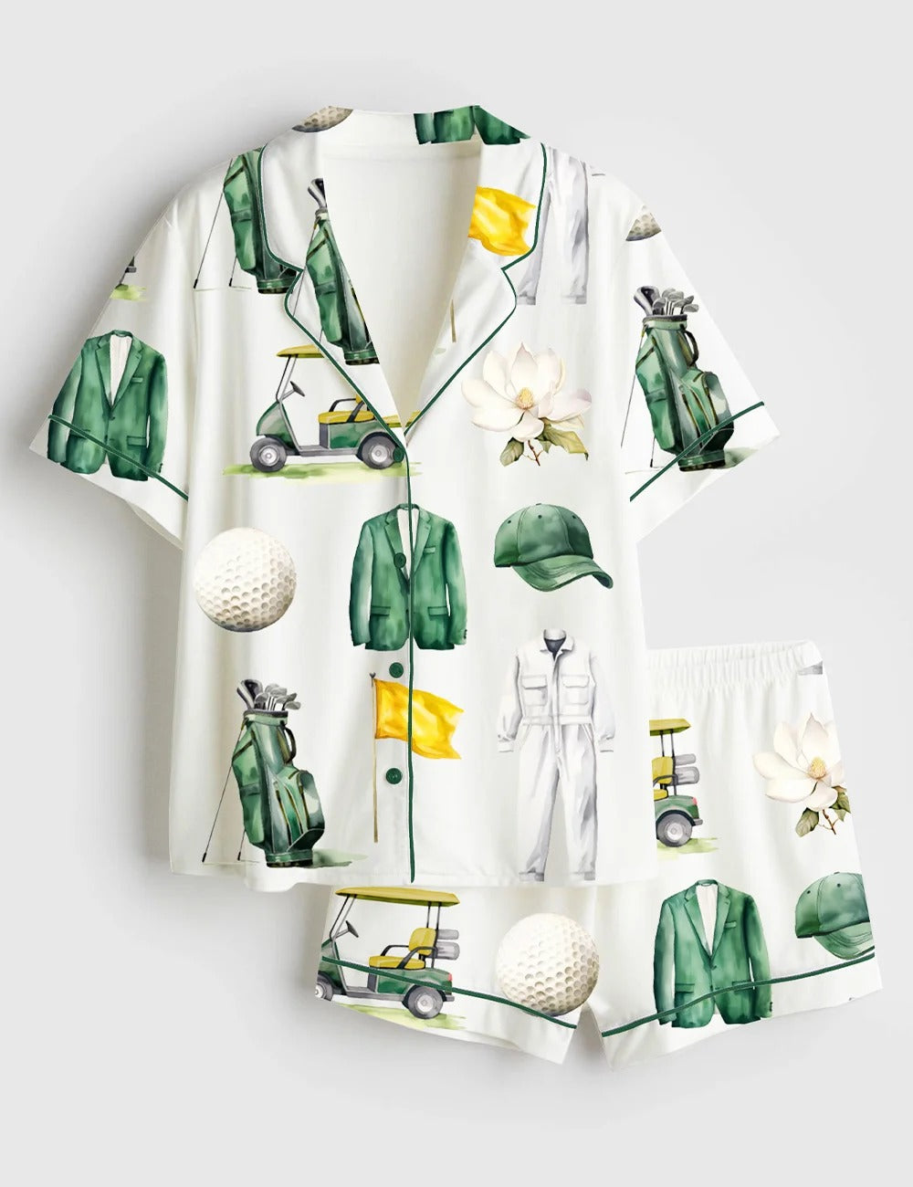 Women’s Watercolor Golf Tournament Golfing Master Golf Cart Green Jacket Club Short Sleeve Satin Pajama Set