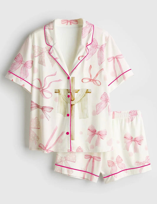 Women’s Pink Coquette Bow Christian Jesus Easter Short Sleeve Satin Pajama Set