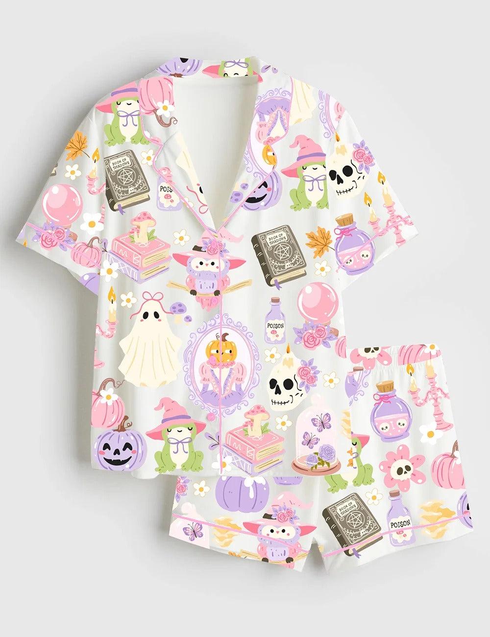 Women’s Witchy Halloween Spooky Halloween Aesthetics Witchy Coquette Pastel Halloween Witch Print Short Sleeve Satin Pajama Set