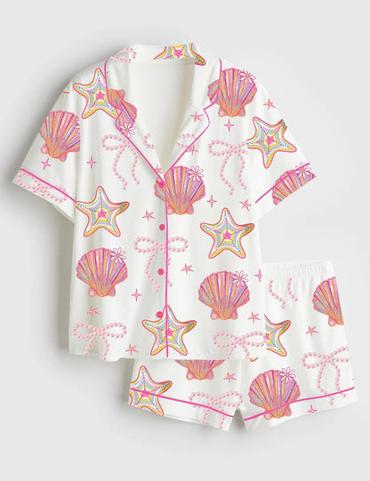Women’s Summer Clam Coquette Bow Summer Vibes Pink Clam Summer Beach Short Sleeve Satin Pajama Set