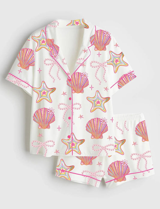 Women’s Summer Clam Coquette Bow Summer Vibes Pink Clam Summer Beach Short Sleeve Satin Pajama Set