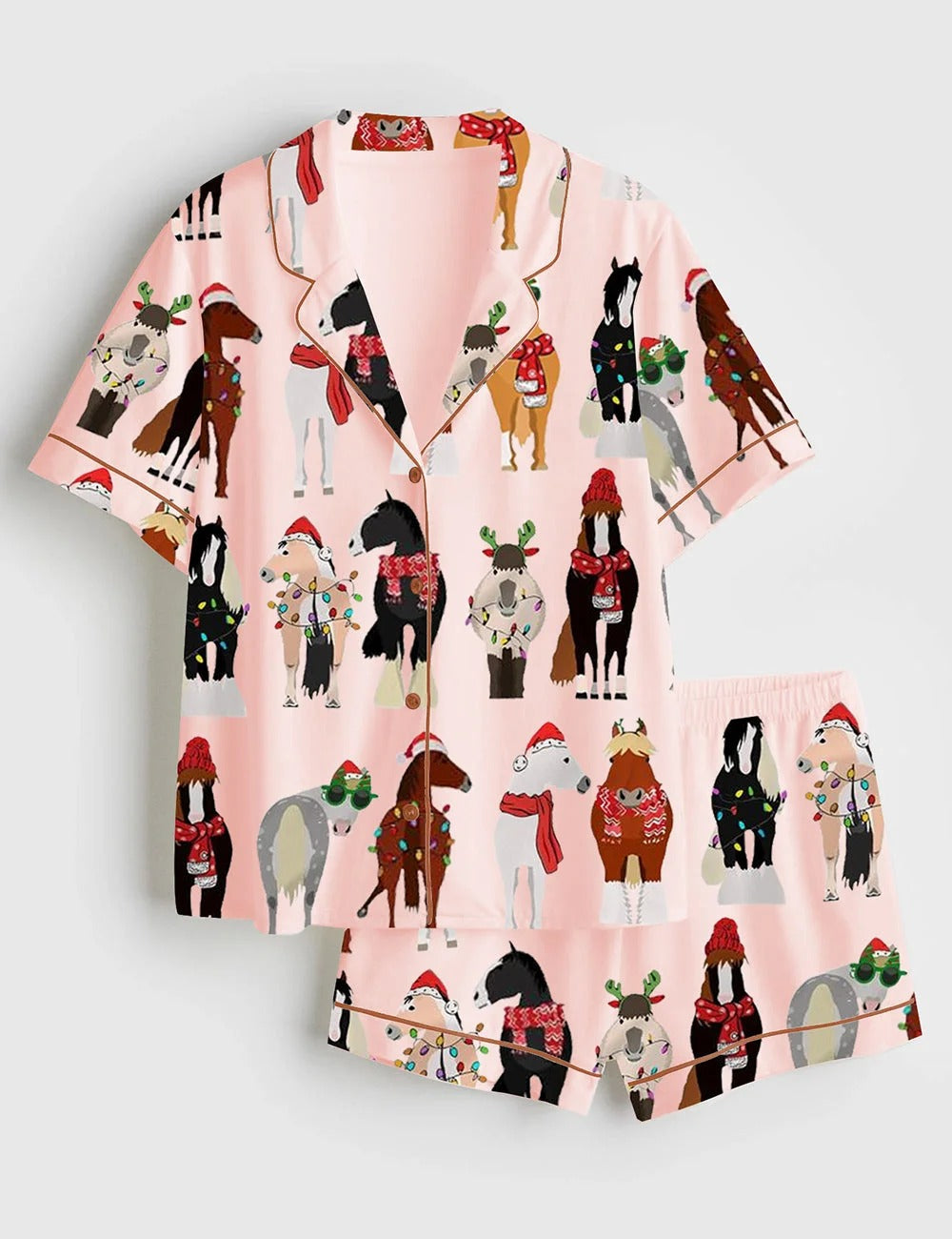 Women's Funny Horse Christmas Short Sleeve Satin Pajama Set,