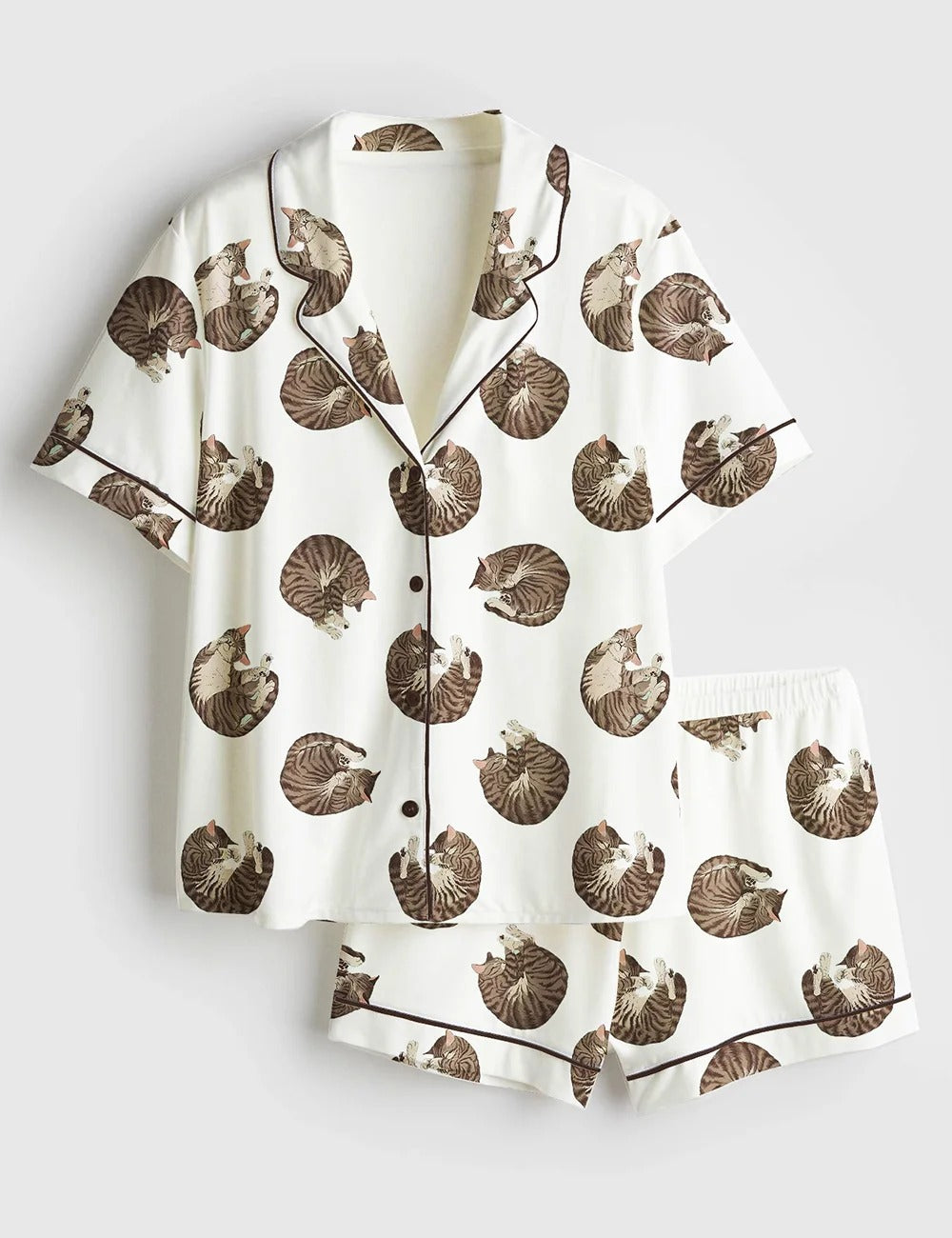 Women’s Sleeping Cat Whimsical Cat Cute Animals Print Short Sleeve Satin Pajama Set