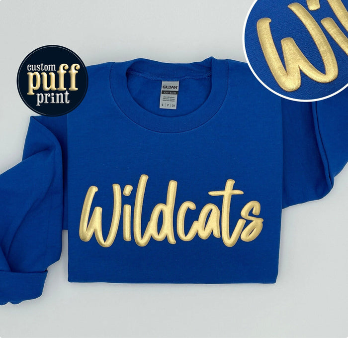 Custom Puff Print Team Name Sweatshirt, Embossed Mascot Sweatshirt, Custom School Mascot Sweatshirt, Gift Idea, Metallic Puff Print