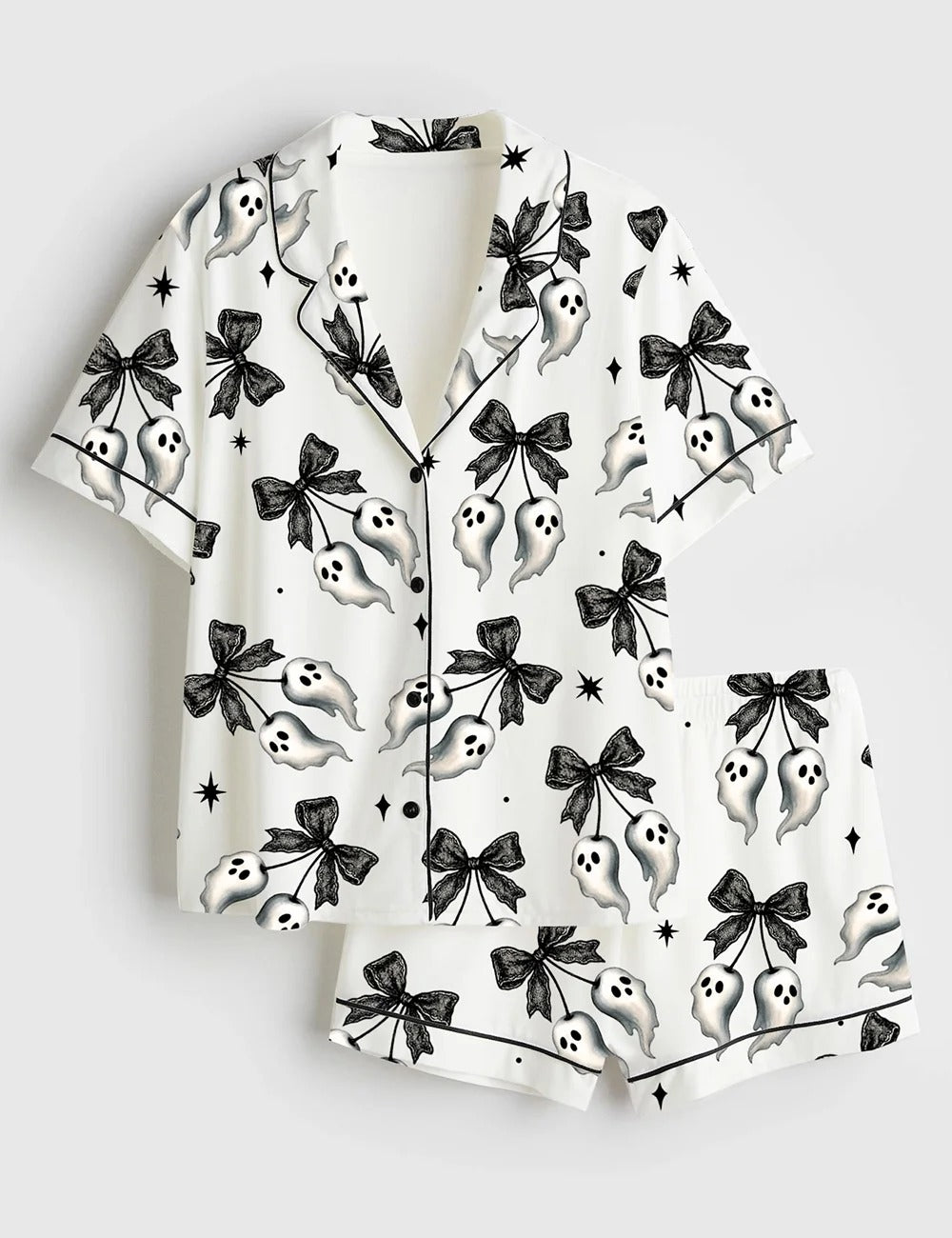 Women’s Halloween Spooky Black Lace Bow With Floating Ghosts And Stars Short Sleeve Satin Pajama Set