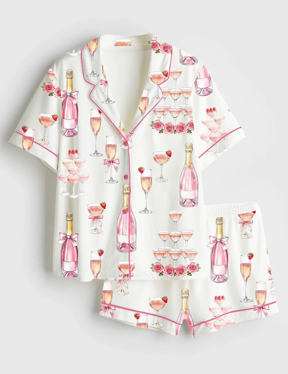 Women's Pink Champagne Bridal Shower Champagne Tower Celebration Short Sleeve Satin Pajama Set