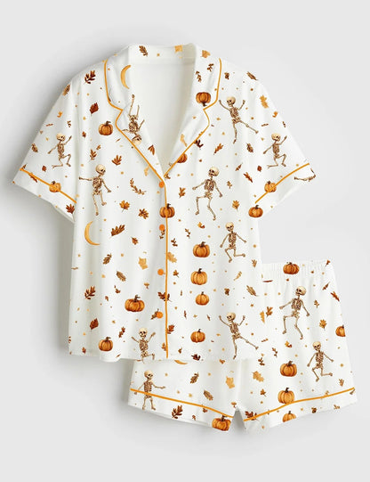 Women’s Dancing Skeleton Halloween Autumn Fall Leaves Pumpkin Boho Halloween Short Sleeve Satin Pajama Set