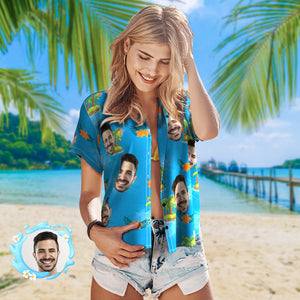 Custom Photo Hawaiian Shirt Beach Vacation Women's Popular All Over Print Hawaiian Beach Shirt Holiday Gift Blue