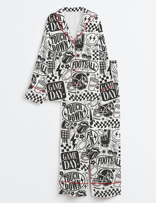 Women’s Retro Football Season Game Day Touch Down Football Lover Print Long Sleeve Satin Pajama Set