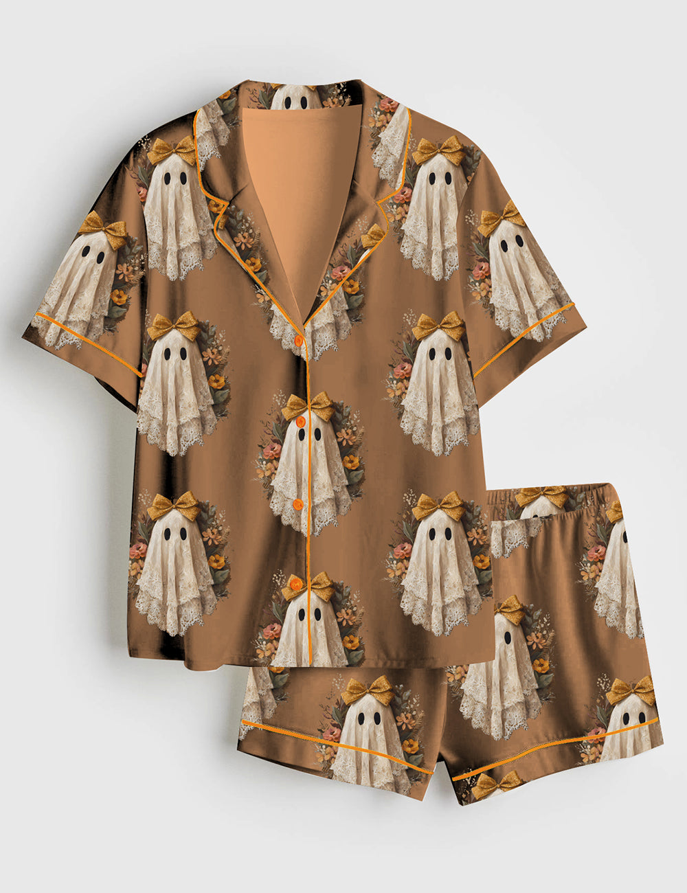 Women’s Cute Halloween Ghost With Lace Dress Fall Floral Bouquet Short Sleeve Satin Pajama Set