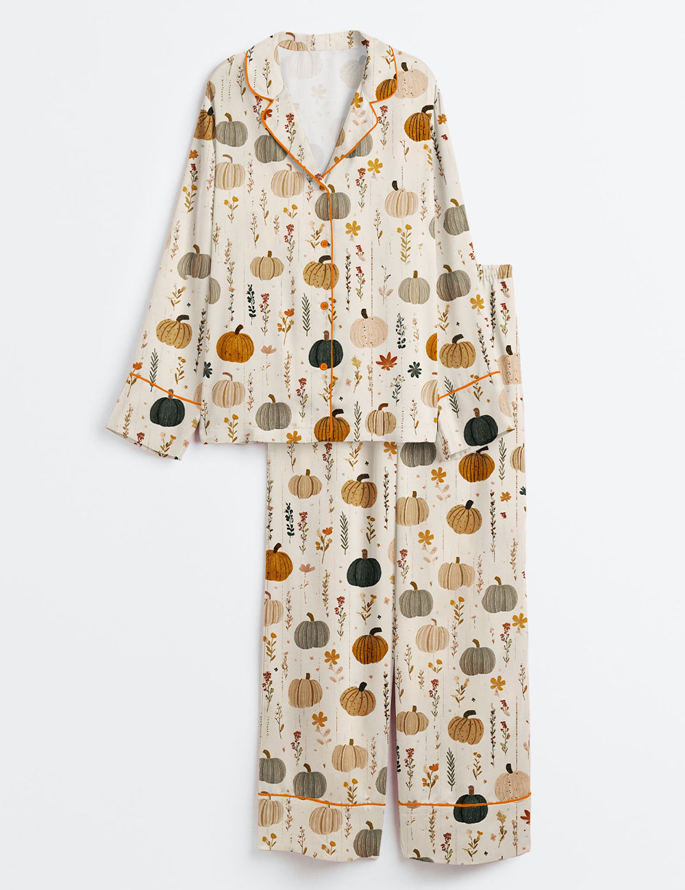 Women's Boho Pumpkin Autumn Flowers Watercolor Fall Floral Long Sleeve Satin Pajama Set