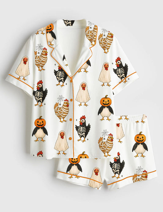 Women’s Chick Or Treat Spooky Chicken Halloween Short Sleeve Satin Pajama Set