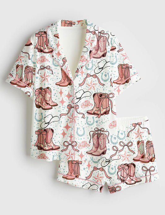 Women's Coquette Cowgirl Boots And Bows Western Short Sleeve Satin Pajama Set