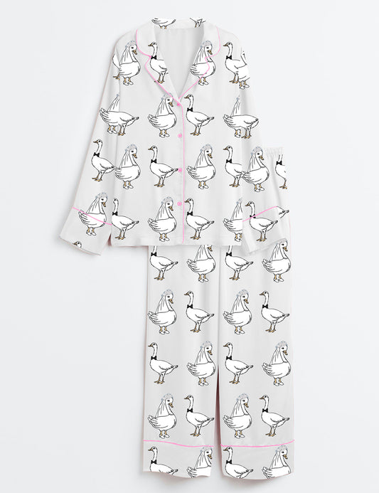 Women’s Silly Goose Newlyweds Honeymooning Married Couple Anniversary Wedding Party Long Sleeve Satin Pajama Set