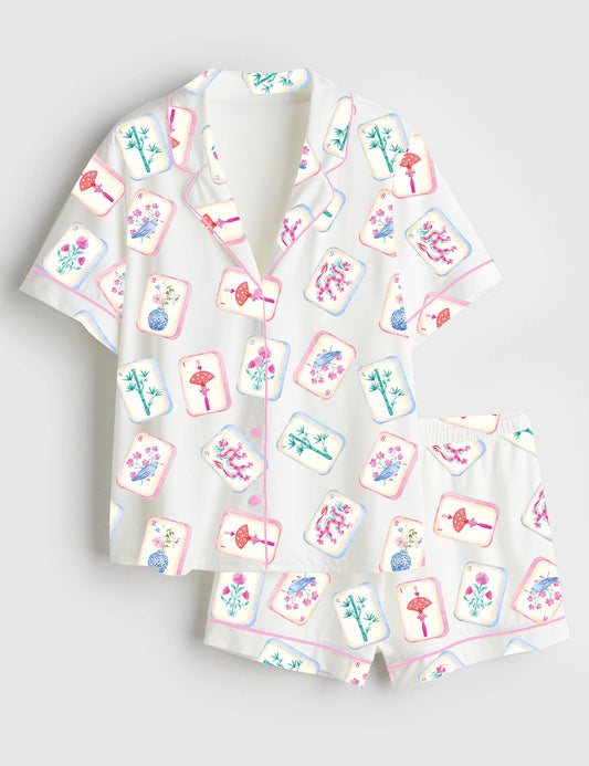 Women’s Watercolor Mahjong Party Short Sleeve Satin Pajama Set