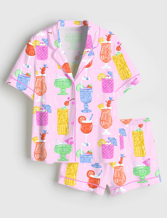 Women’s Cats Cocktails Summer Drinking Short Sleeve Satin Pajama Set