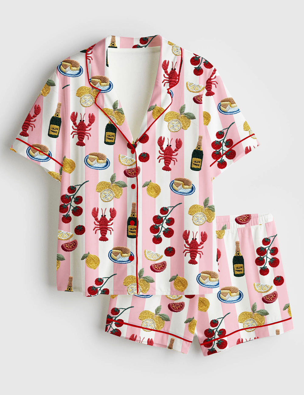 Women’s Lobster Champagne Lemon Cake Tomatoes And Pomegranates Summer Vibes Girls Trip Bachelorette Short Sleeve Satin Pajama Set