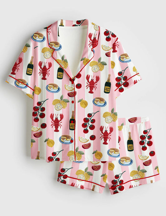 Women’s Lobster Champagne Lemon Cake Tomatoes And Pomegranates Summer Vibes Girls Trip Bachelorette Short Sleeve Satin Pajama Set