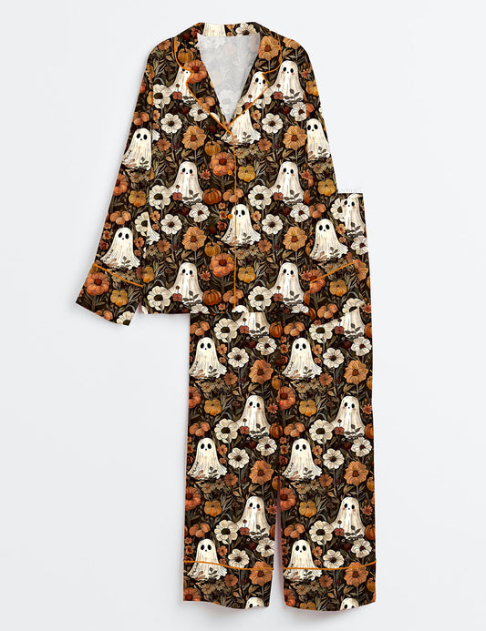 Women’s Cute Ghosts And Pumpkins Halloween Long Sleeve Satin Pajama Set