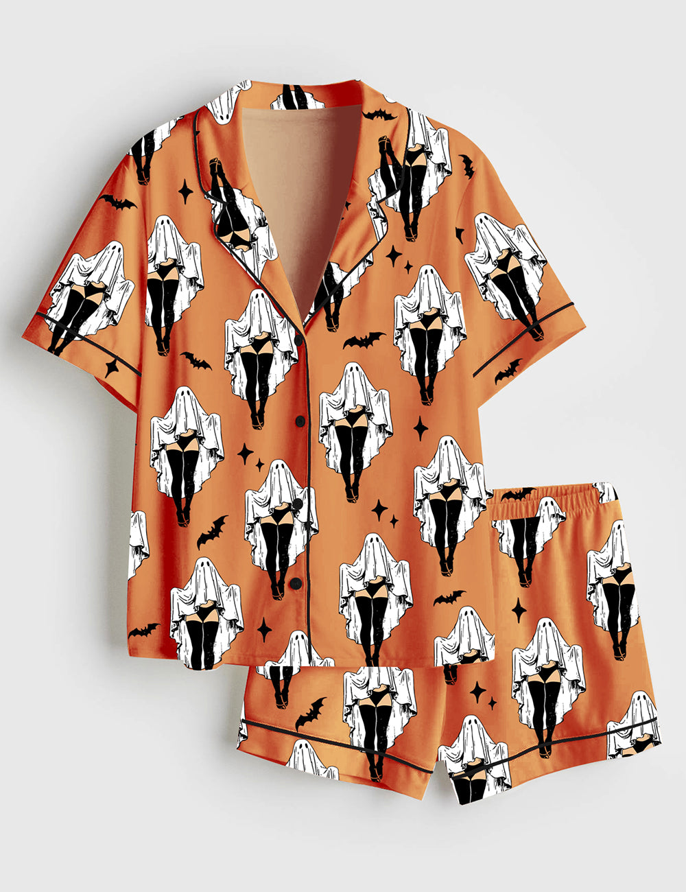 Women’s Halloween Sheet Ghost Retro Halloween Girl Short Sleeve Satin Pajama Set