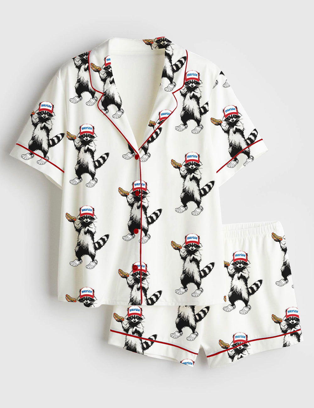 Women’s Red White And Feral Funny Raccoon 4th Of July Short Sleeve Satin Pajama Set