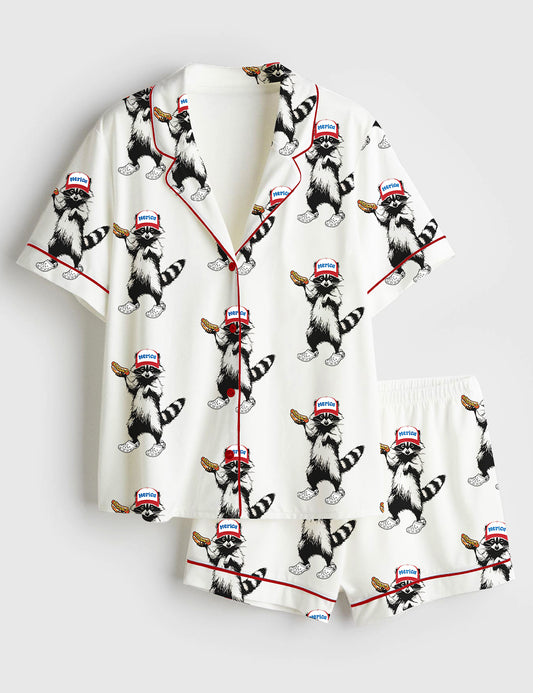 Women’s Red White And Feral Funny Raccoon 4th Of July Short Sleeve Satin Pajama Set