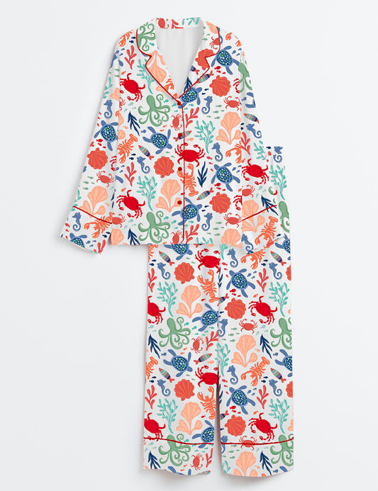 Women’s Under The Sea Pattern Coastal Vibe Summer Beach Long Sleeve Satin Pajama Set