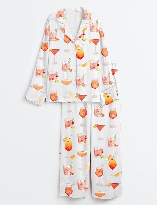 Women’s Watercolor Cocktail Drinks Summer Beach Lemon Drop Martini Wedding Cocktail Print Long Sleeve Satin Pajama Set