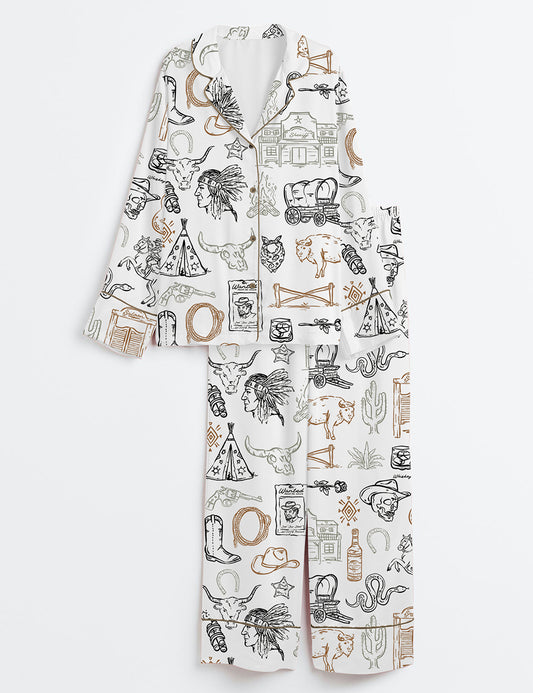 Women’s Cowboy Whimsical Style Wild West Western Party Long Sleeve Satin Pajama Set