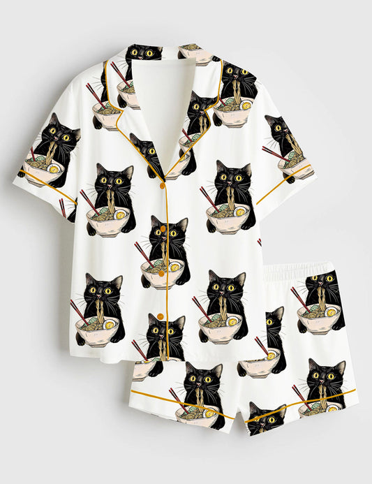 Women's Noodle Cat Short Sleeve Satin Pajama Set