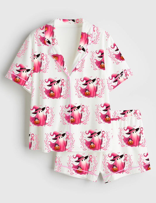 Women’s In October We Wear Pink Breast Cancer Awareness Short Sleeve Satin Pajama Set