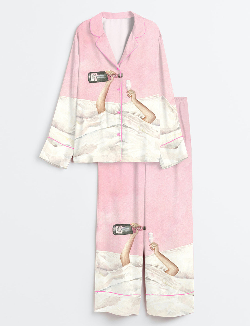 Women’s Pink Champagne Bottle Watercolor Cocktail Long Sleeve Satin Pajama Set