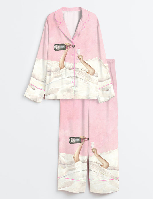 Women’s Pink Champagne Bottle Watercolor Cocktail Long Sleeve Satin Pajama Set