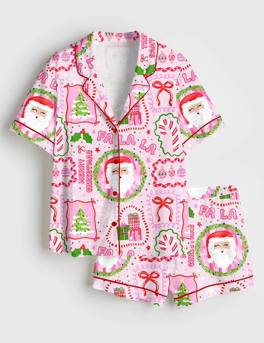 Women’s Pink Christmas Trendy Christmas Tree Merry Christmas Fa La La Christmas Snow Print Short Sleeve Satin Pajama Set