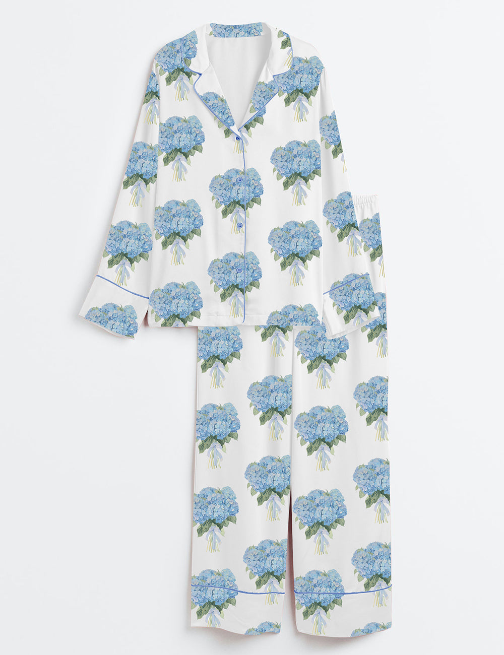Women’s Blue Hydrangea Long Sleeve Satin Pajama Set