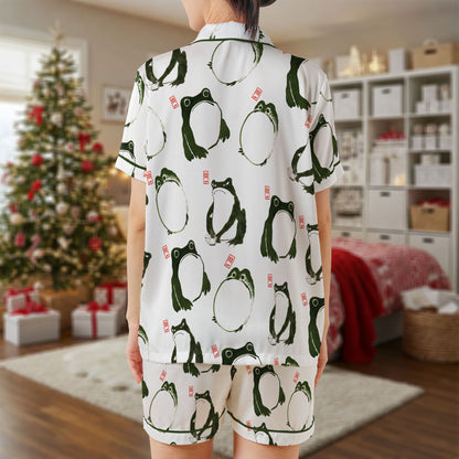 Japanese Frog Art Short Pajama Set – Minimalist Ink Painting Style Sleepwear | White & Green Kawaii Pajamas for Women, Men, and Kids, Matching Family Gift Set HPRPJMADS-15