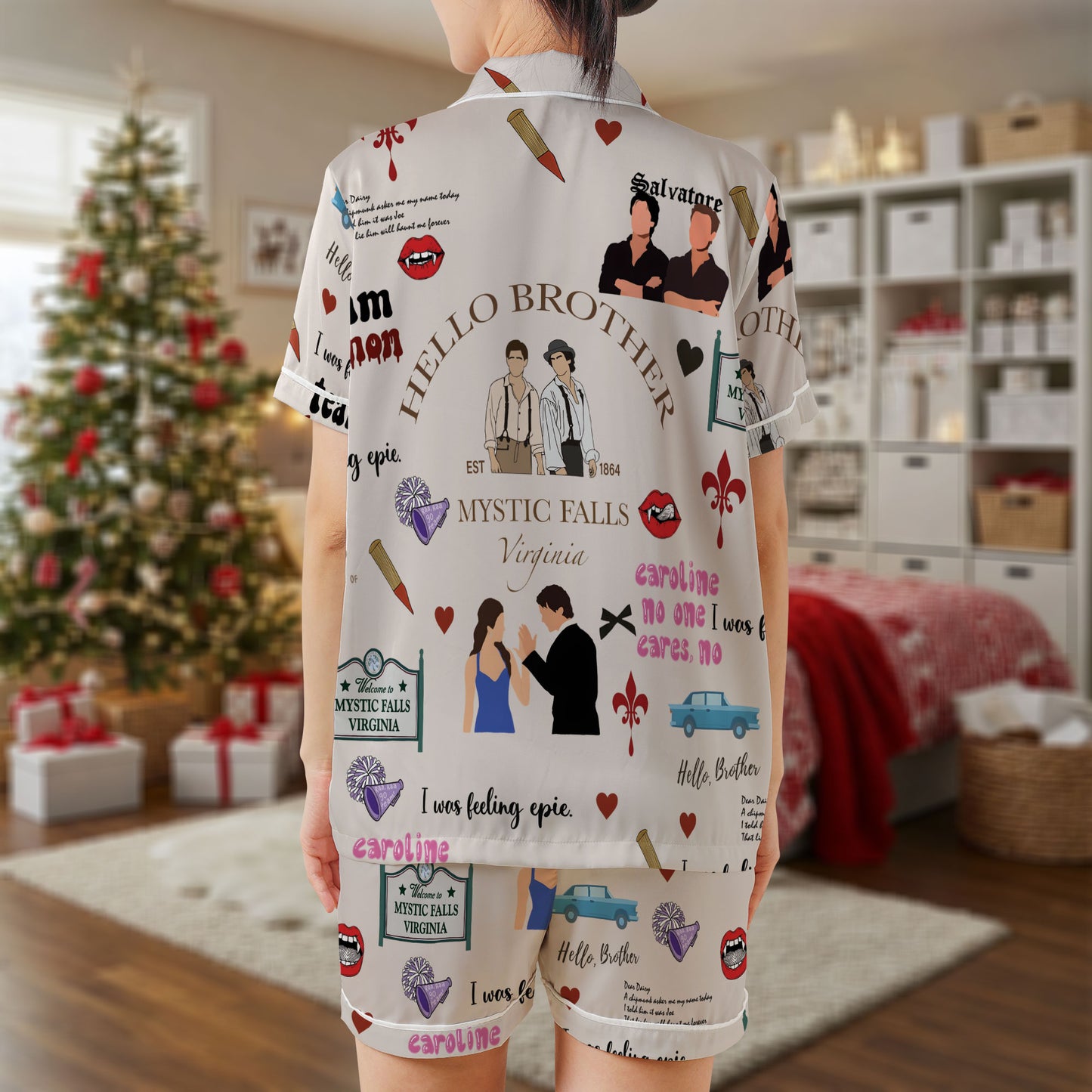 Mystic Falls Short Pajama Set – Vampire Diaries Inspired Sleepwear | “Hello Brother” Salvatore Design Satin PJs, White Lounge Set for Women, Men, Kids & Youth Fans HPRPJMADS-22