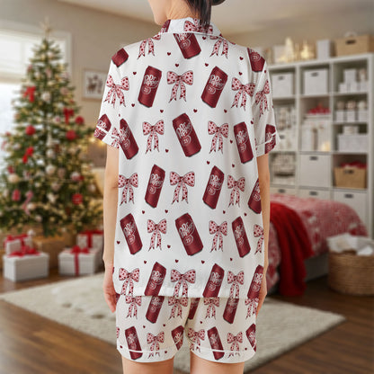 Dr Pepper Satin Short Pajama Set – Cute Soda Can & Polka Dot Bow Print Sleepwear | White & Burgundy Loungewear for Women, Teens & Matching Holiday Sets HPRPJMADS-34