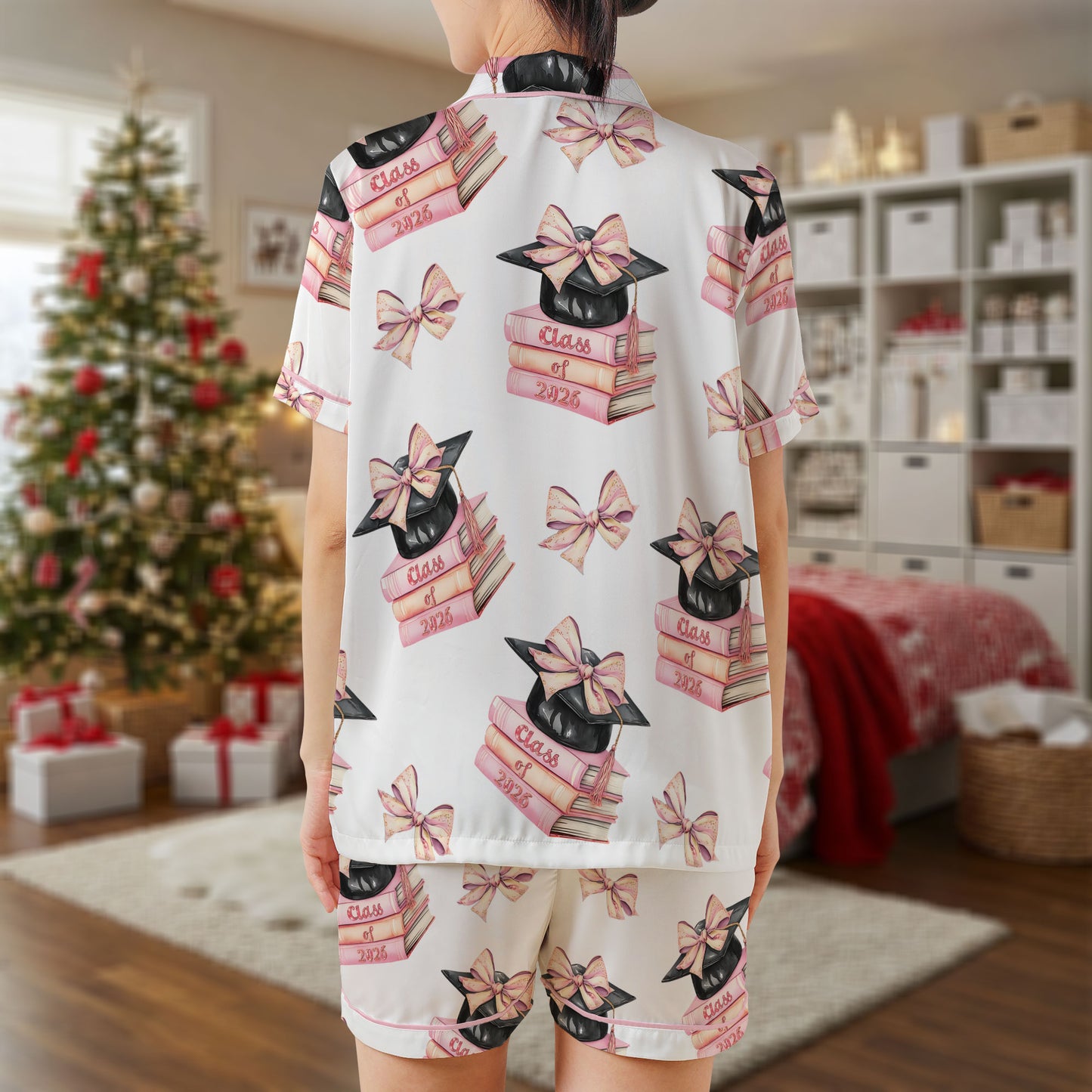 Class of 2026 Graduation Satin Pajama Set – Pink Books & Cap Print Sleepwear | White Short Sleeve Loungewear with Bows for Seniors & Grads HPRPJMADS-41