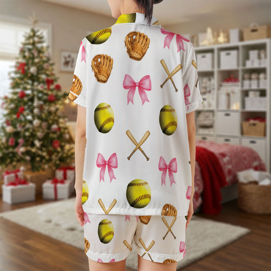 Softball Satin Pajama Set – Sporty Pink Bow & Glove Print Sleepwear | White Short Sleeve Loungewear for Athletes, Teams & Fans HPRPJMADS-43