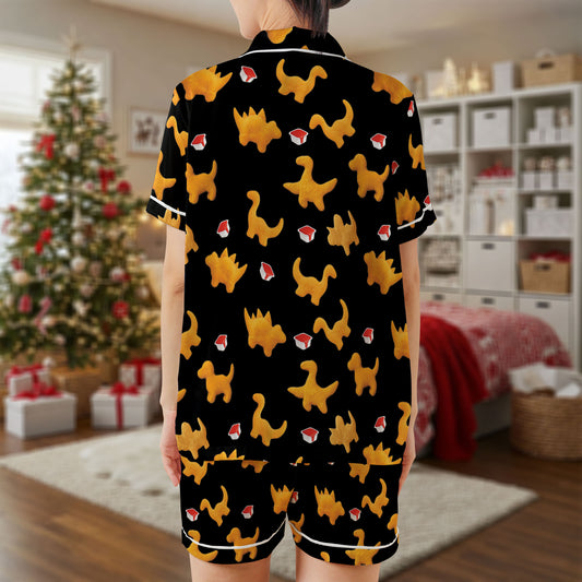 Dino Nugget Satin Pajama Set – Fun Chicken Nugget Print Sleepwear | Black Short Sleeve Loungewear with White Piping for Food Lovers HPRPJMADS-44