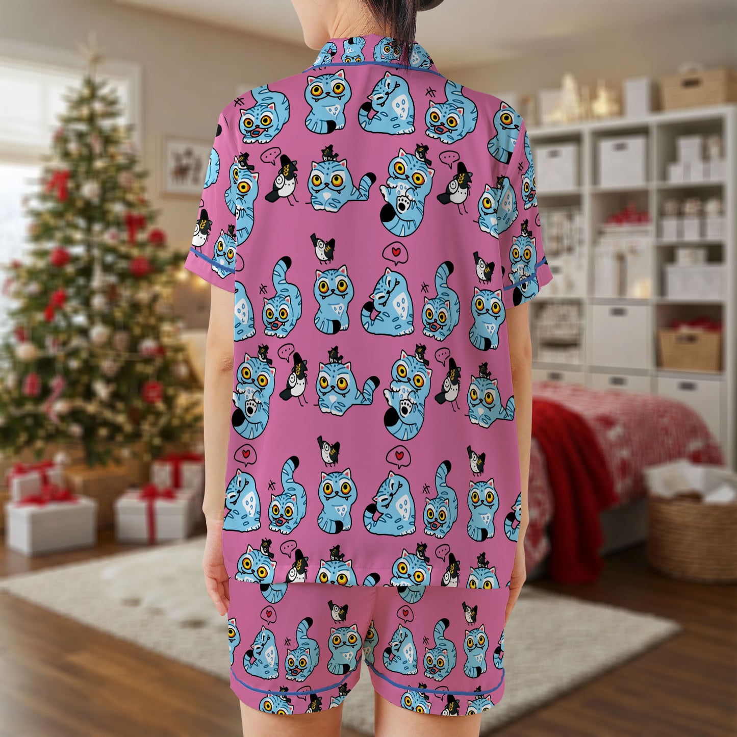 Funky Cat & Owl Satin Pajama Set – Blue Sleepwear with Playful Cartoon Cats and Owls | Whimsical Short Sleeve Satin Loungewear for Women & Teens HPRPJMADS-60