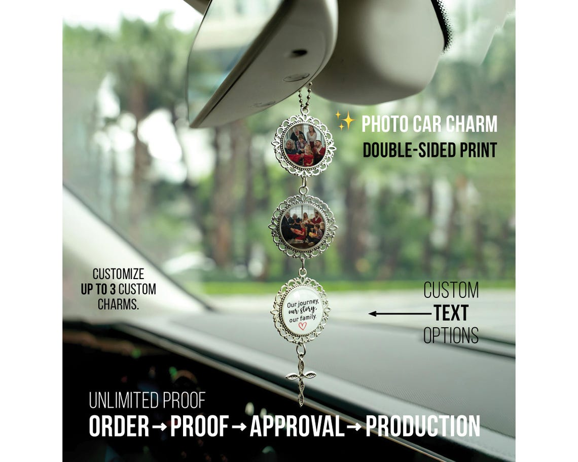 Wedding Photo Car Charm, Anniversary & Couple Photo Gift, Custom Rearview Mirror Access, Personalized Pet Memorial Rearview Charmory, Personalized Car Charm with Names or Quote.