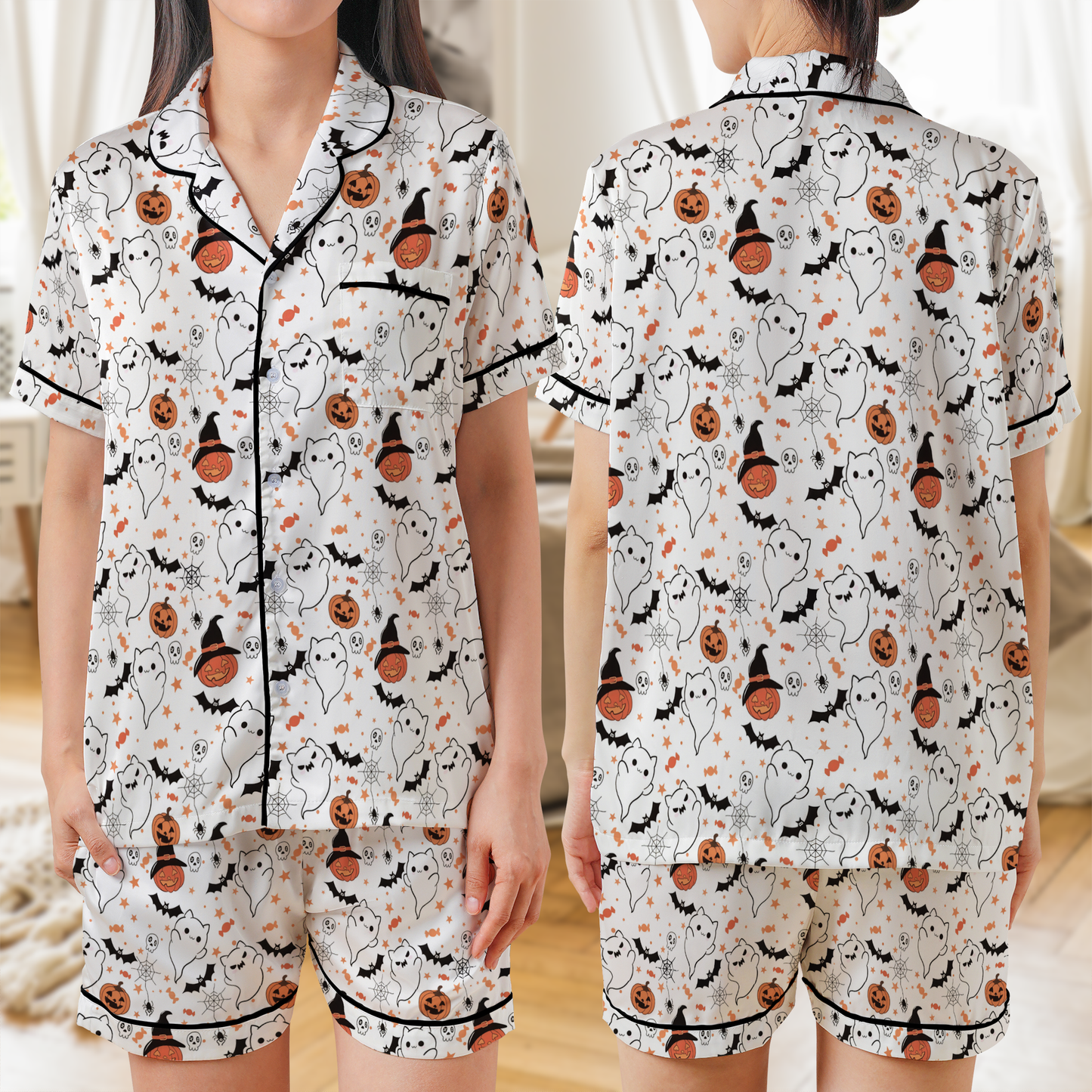 Women's Spooky Spider Web Print Satin Pajama Set