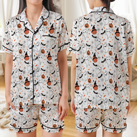 Women's Spooky Spider Web Print Satin Pajama Set