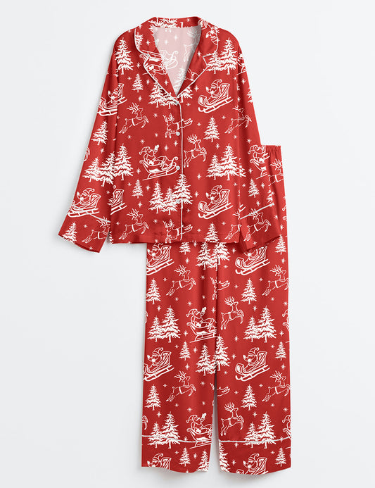 Women’s Red And White Christmas Santa Reindeer Long Sleeve Satin Pajama Set