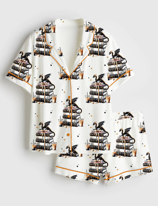 Women’s Well Read And Caffeinated Bookish Design For Coffee Lovers Short Sleeve Satin Pajama Set