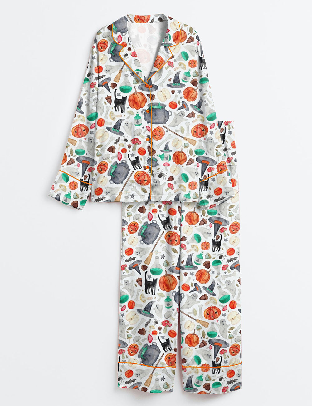 Women’s Halloween Autumn Ghost Pumpkin Cat Broom Long Sleeve Satin Pajama Set