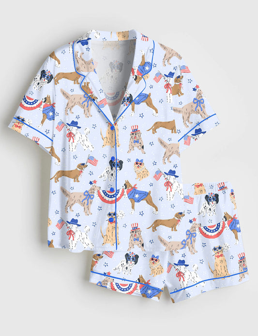 Women’s Patriotic Dog Art America Red White And Blue Summer Print Short Sleeve Satin Pajama Set